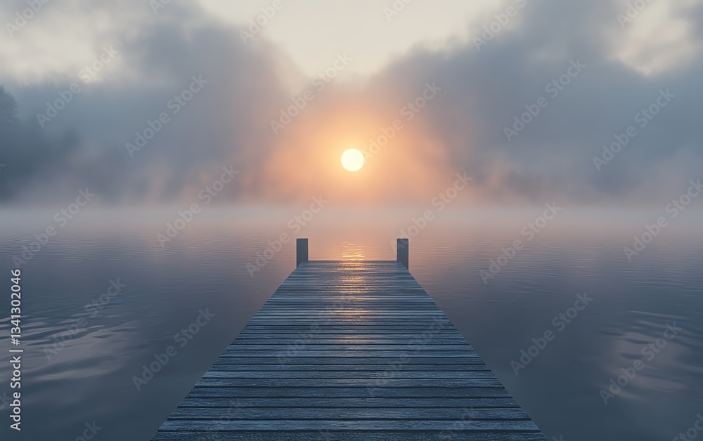 Naklejka premium Serene misty morning dock on a still lake