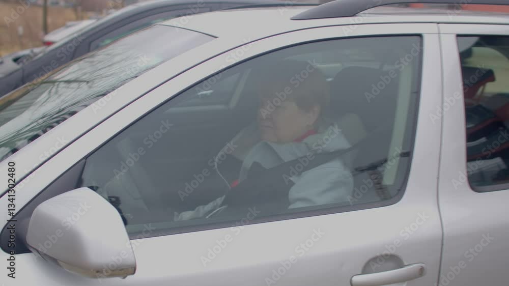 An individual is seated inside a silver vehicle, surrounded by an urban setting in the background An individual is seated inside a silver vehicle, surrounded by an urban setting in the background
