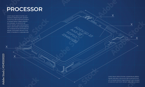 Isometric processor blueprint. Central processing unit or CPU. Computer hardware components. Semiconductor technology concept. Vector illustration