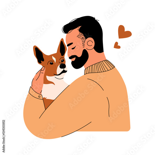 Happy man holding dog. Cartoon guy with cute puppy, flat person with adorable pet, male character caring about companion doggy, dog adoption concept. Vector illustration