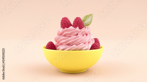 Pink Raspberry Whipped Cream Dessert in Yellow Bowl - A Summertime Delight