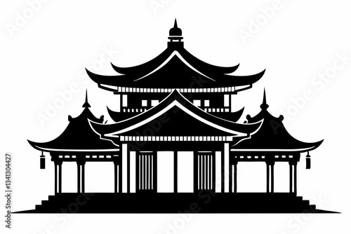 elegant chinese architecture line art silhouette vector illustration