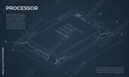 Isometric processor blueprint. Central processing unit or CPU. Computer hardware components. Semiconductor technology concept. Vector illustration
