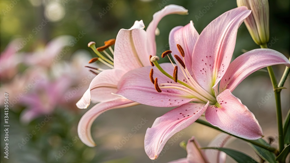 Fototapeta premium Delicate pink lily petals unfurl in a stunning macro shot, showcasing nature's intricate artistry.