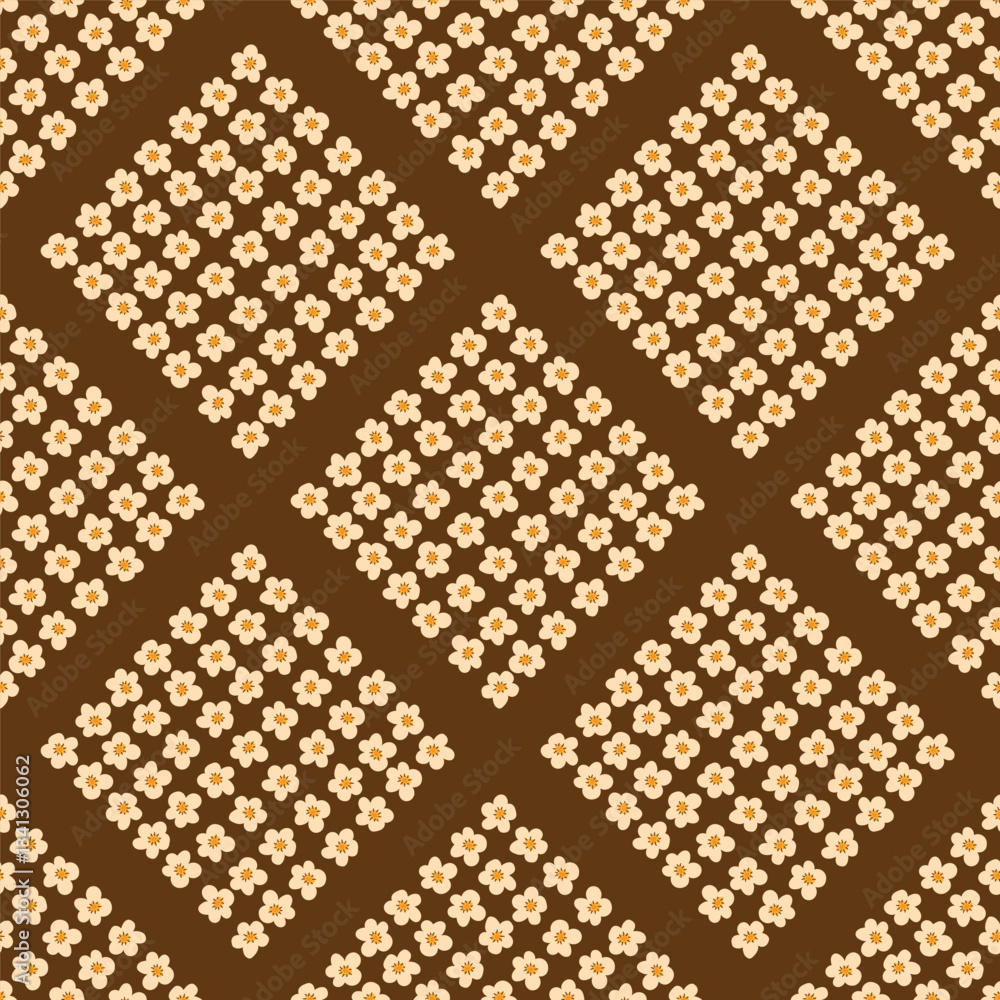 Fototapeta premium Raspberry flowers checkered seamless pattern. geometric rhombuses flowers texture