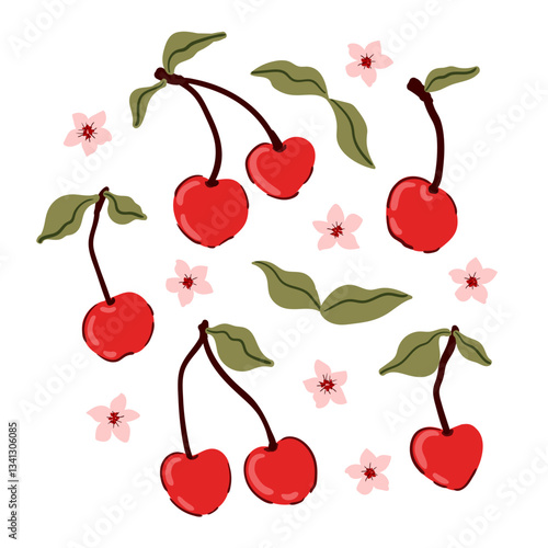 Ripe cherry set, red berries with green leaves and flowers isolated. coquette core, Love, Romance