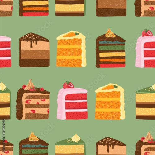 cakes slice seamless pattern with berries in cartoon style. desert illustration. birthday background