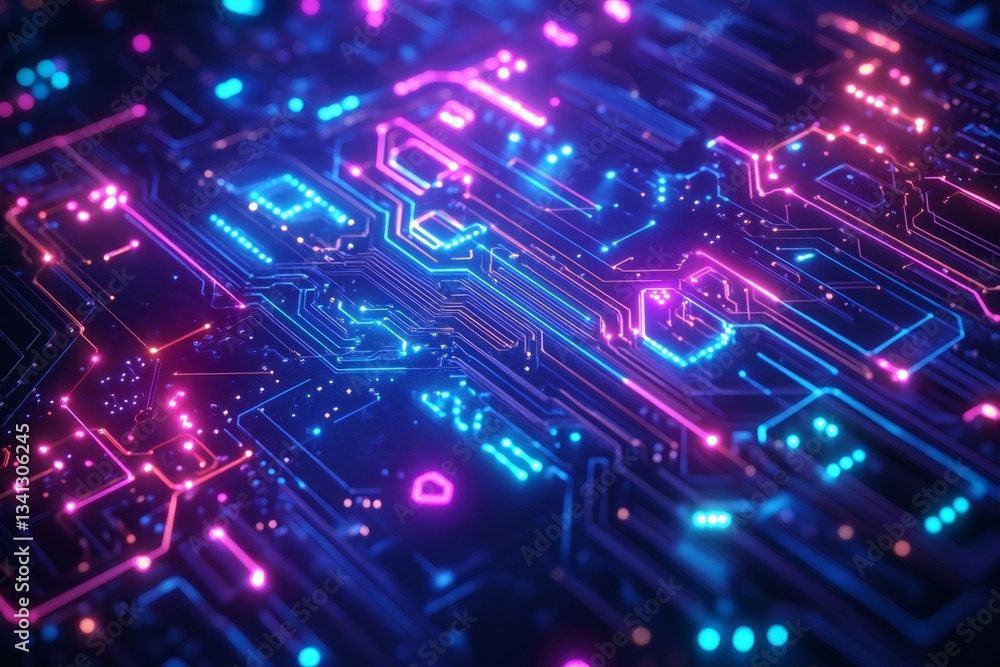 Fototapeta premium Futuristic circuit board pulsating with pink and blue lights