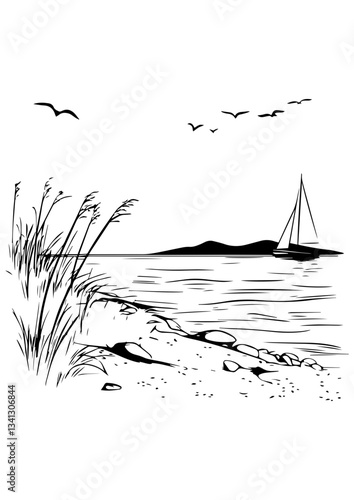Sea landscape vector illustration, black and white line art, gift ideas, engrave laser, tattoo idea, logo design, vector sketch, printable, ocean view design, coast, beach, waves