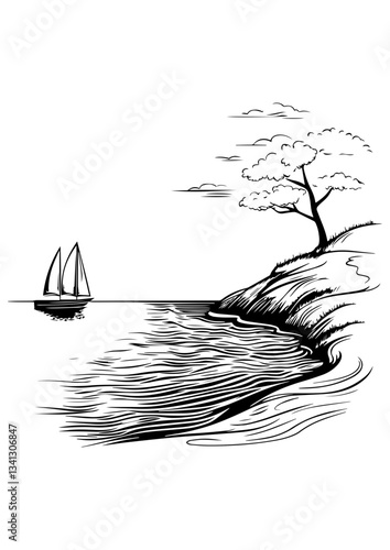 Sea landscape vector illustration, black and white line art, gift ideas, engrave laser, tattoo idea, logo design, vector sketch, printable, ocean view design, coast, beach, waves