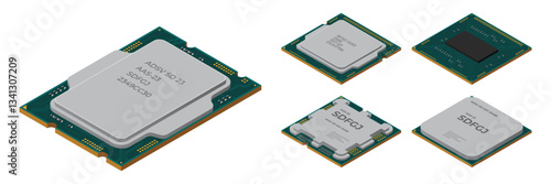 Set of isometric processor. Central processing unit or CPU. Computer hardware components. Semiconductor technology concept. Vector illustration