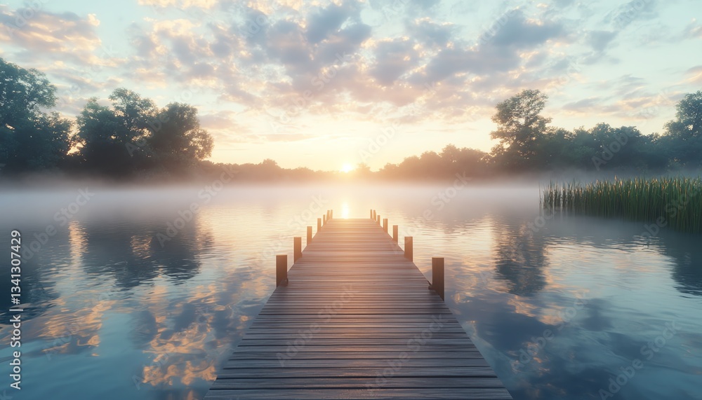 Fototapeta premium Morning mist drifting across a tranquil lake