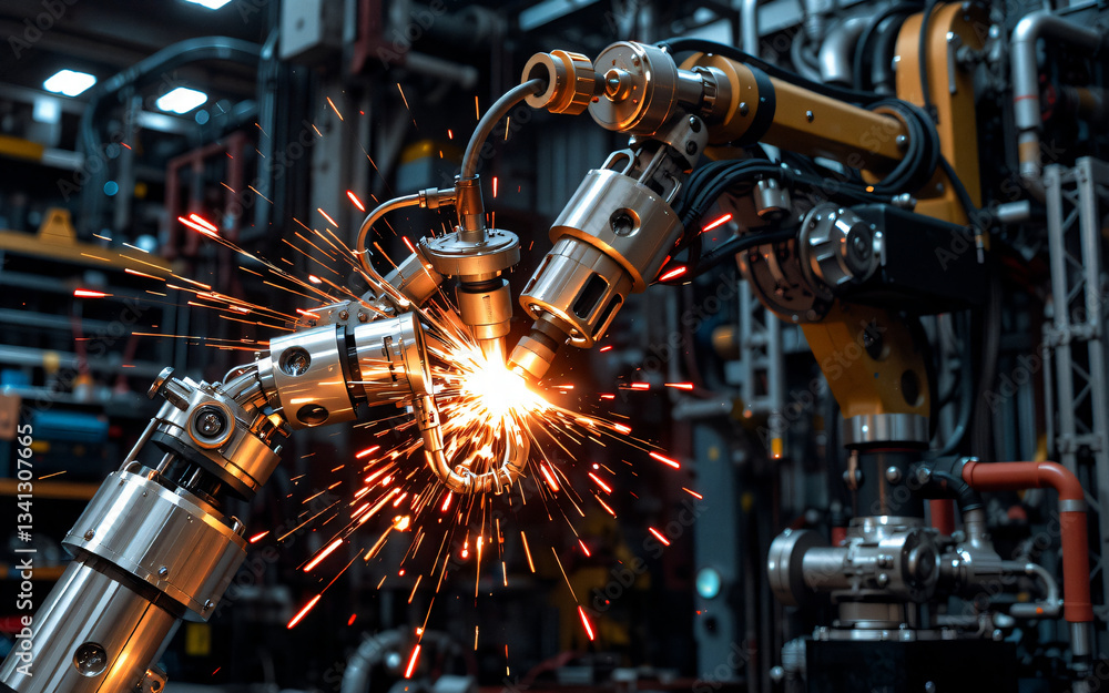 Fototapeta premium Automated robotic arm precisely welds metal components in a factory setting, generating bright sparks in a modern industrial process.