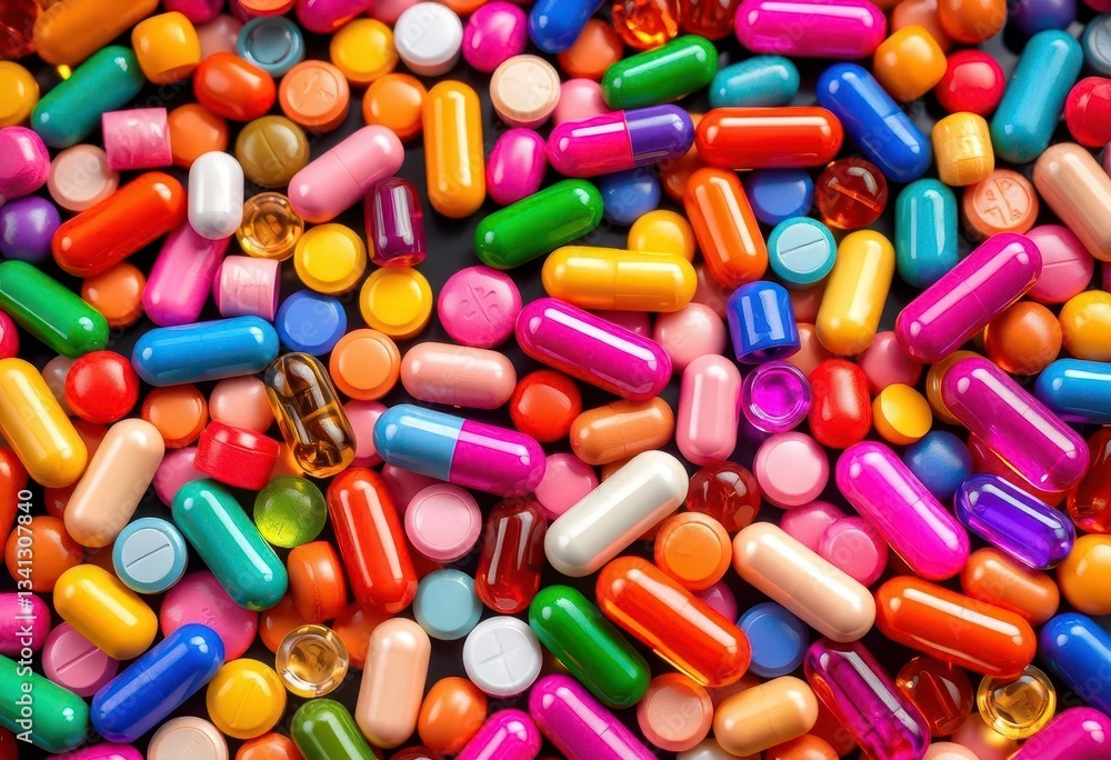 A dazzling array of colorful, glossy pills and capsules in various shapes, drug, colorful pills A dazzling array of colorful, glossy pills and capsules in various shapes, drug, colorful pills