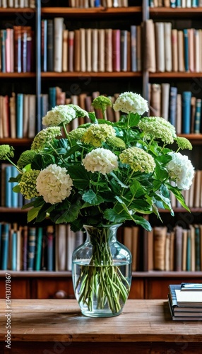 Glass vase with green plants against office shelves filled with books and documents. Generated AI