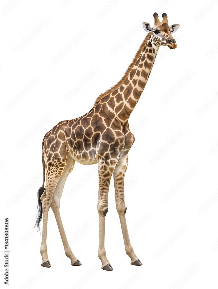 Naklejka premium Giraffe Standing Tall Wildlife Animal with Unique Brown Patches on White Background Majestic and Elegant African Creature Natural Beauty Stock PNG Isolated Transparent White Background Stock Object