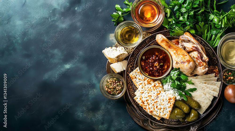 Passover table setting with a traditional Passover seder plate with symbolic meal, matzah and Haggadah. Table served for Passover Seder. Passover table setting with a traditional Passover seder plate with symbolic meal, matzah and Haggadah. Table served for Passover Seder.
