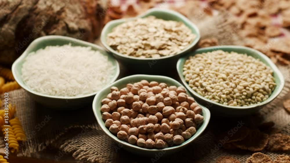 Close-up of carbohydrate-rich foods on a table, including bread, rice, wholegrain flakes, oats, wheat and corn pasta. Carbs Food. Close-up of carbohydrate-rich foods on a table, including bread, rice, wholegrain flakes, oats, wheat and corn pasta. Carbs Food.