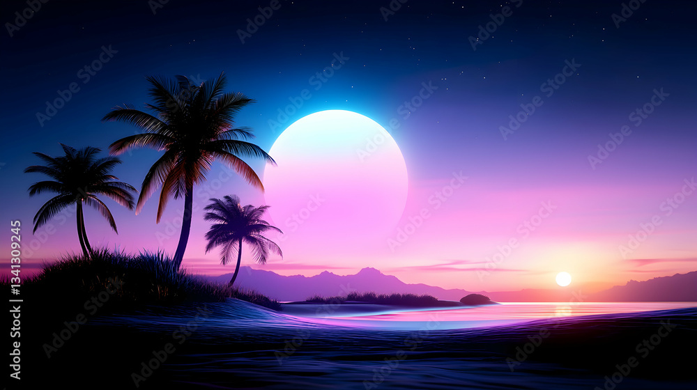 Naklejka premium Dreamy Vaporwave Sunset Landscape with Glowing Palm Trees