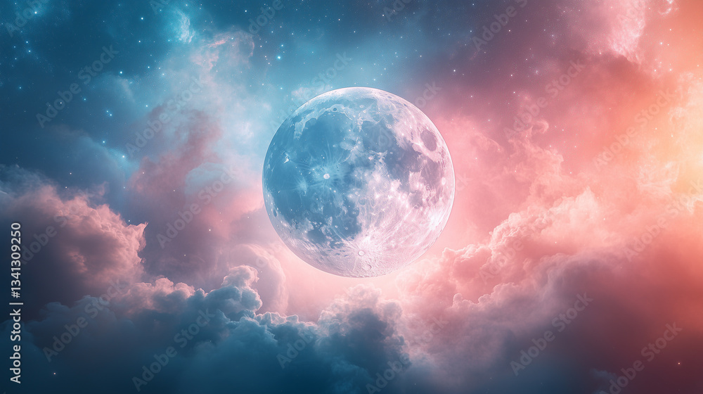 Cloudscape with a soft glowing moon, pastel delicat coloring Cloudscape with a soft glowing moon, pastel delicat coloring
