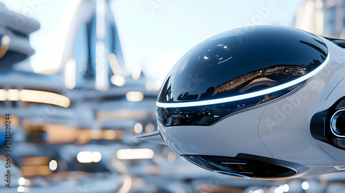 Fototapeta Naklejka Na Ścianę i Meble -  Futuristic White Drone over a Clean Cityscape