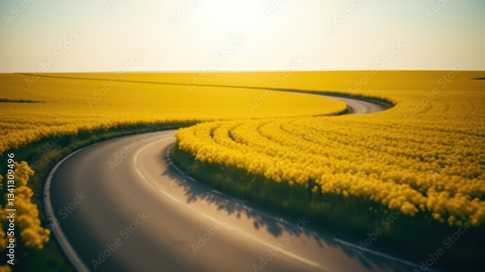 Fototapeta premium Serene winding road through a vibrant field of yellow wildflowers at sunset