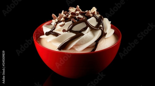 Elegant Chocolate Whipped Cream Dessert in Red Bowl - A Culinary Masterpiece