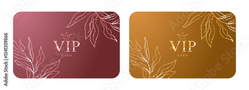 A set of luxurious VIP cards in gold and pink colors. Exclusive or premium cards for members. Floral textured pattern.