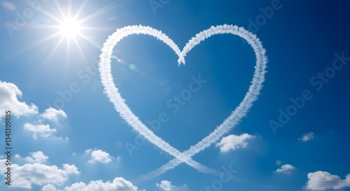 Heart-Shaped Airplane Smoke Trail in Clear Blue Sky, Romantic Aerial Art