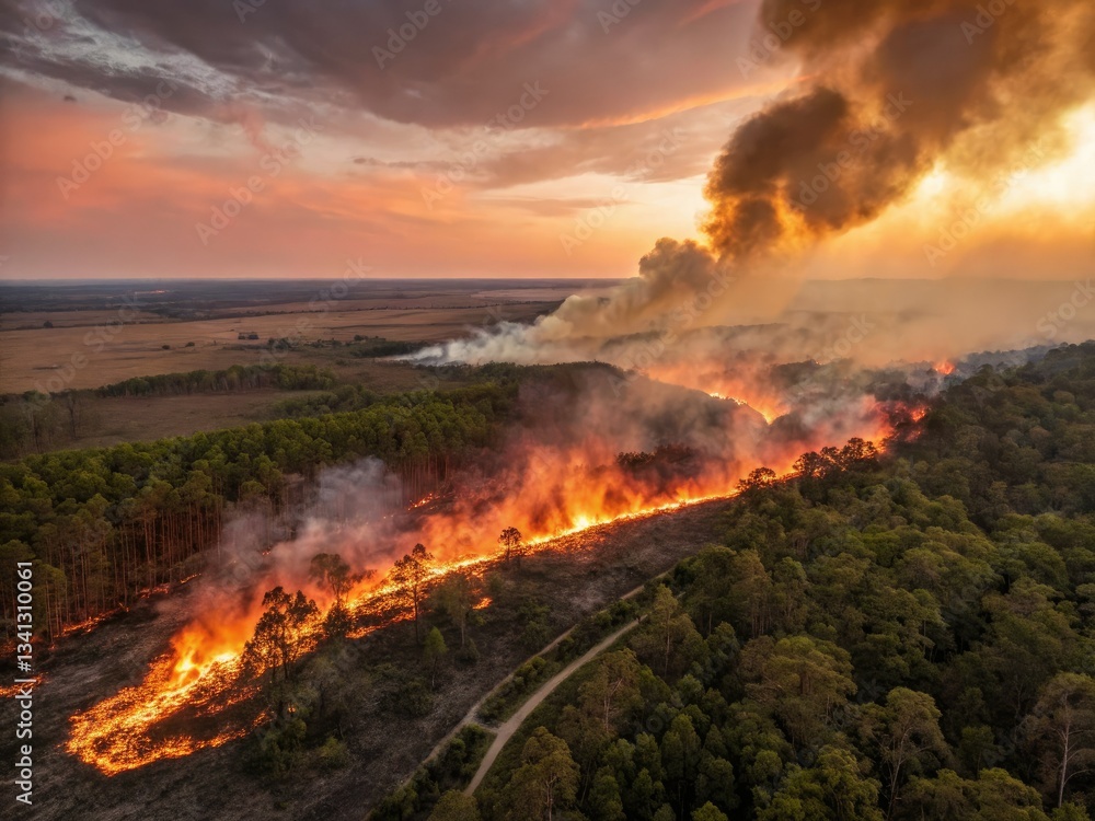 Fototapeta premium Fire Infinity: Witness spectacular drone photography of fiery landscapes and infernos from above.