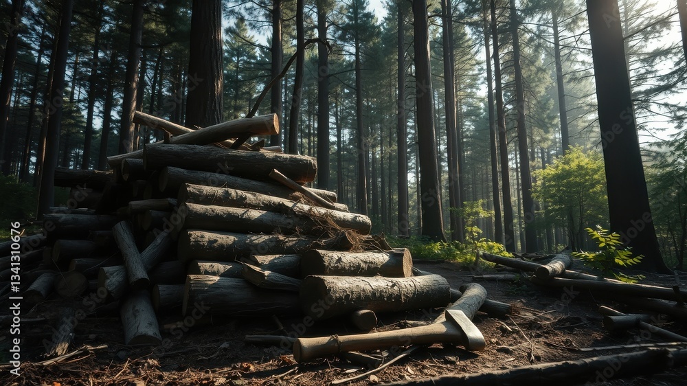 A woodcutter's axe rests beside a stack of freshly cut logs in a sun-dappled forest A woodcutter's axe rests beside a stack of freshly cut logs in a sun-dappled forest