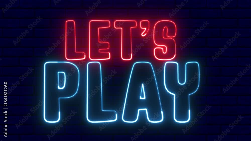 Let's Play neon sign. LETS PLAY text font with neon light. Luminous and shimmering haze inside the letters of the text Let's Play. Dj Screen Let's Play neon sign. LETS PLAY text font with neon light. Luminous and shimmering haze inside the letters of the text Let's Play. Dj Screen