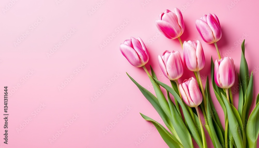 Fototapeta premium Pink Tulips Bouquet on Pink Background: Spring Flowers Photography