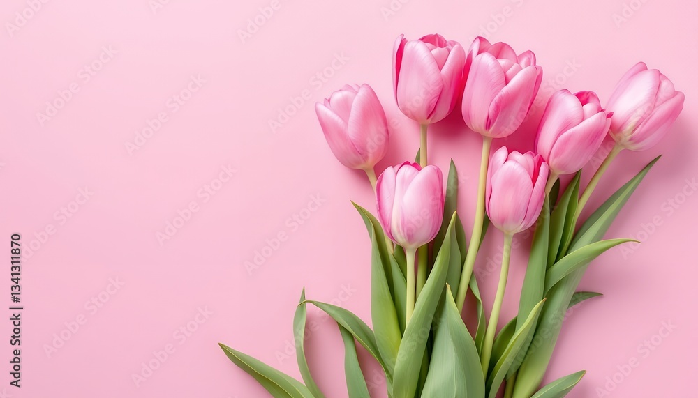 Obraz premium Pink Tulips Bouquet on a Pastel Pink Background: A Delicate Spring Floral Arrangement
