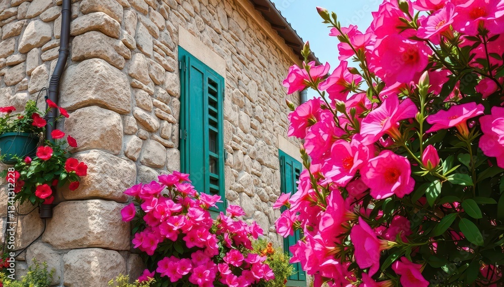 Naklejka premium Aged weathered stone building juxtaposed with vibrant blooming flowers, peace, detail