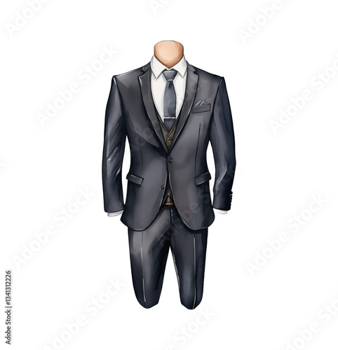 Suit with necktie, waistcoat, shirt and pocket square in dark gray watercolor illustration