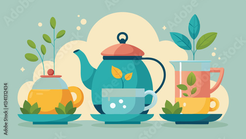 Colorful vector illustration of a teapot surrounded by cups and tea leaves in a serene atmosphere