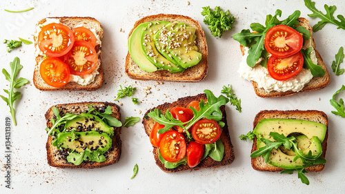 Various of vegan sandwiches on a light background. Healthy toasts with cheese, avocado, arugula, tomatoes and hummus. Healthy eating