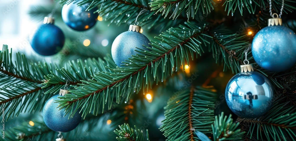 A lush Christmas tree branch adorned with shimmering blue and silver ornaments, blue ornaments, holiday ornament A lush Christmas tree branch adorned with shimmering blue and silver ornaments, blue ornaments, holiday ornament