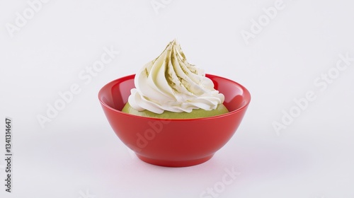 Matcha Dessert in Red Bowl - A Whipped Cream Delight