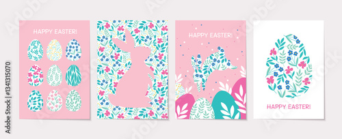 Set of Easter postcards with floral decorated eggs and Easter rabbit. Postcards for Easter Day. Flat vector designs collection