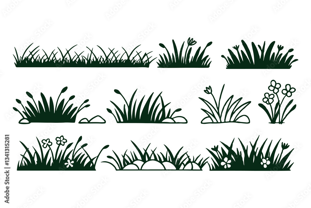 Fototapeta premium Grass Silhouettes Collection. A Set of Silhouette Grass Vector Clipart Isolated Illustration on White Background.