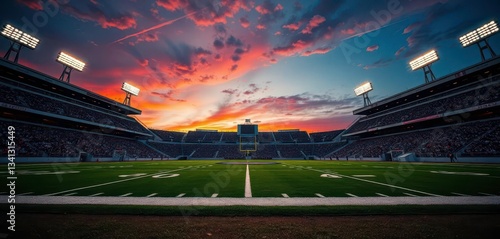 American football at sunset, stadium lights illuminating the field, field, lights