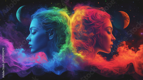 Zodiac gemini in space with colorful neon space