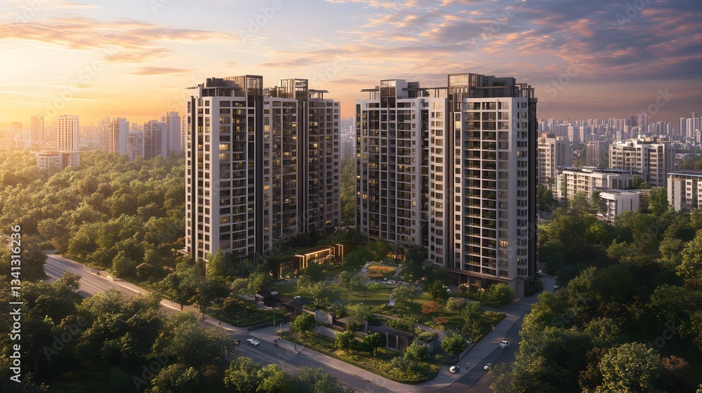 Fototapeta premium Two modern high rise residential buildings stand tall amidst lush green landscape at scenic sunset with city skyline in the background.