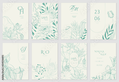 Set of floral invitation save the date card with detailed various flowers. Luxury vintage botanic template layout design, brochure or cover
