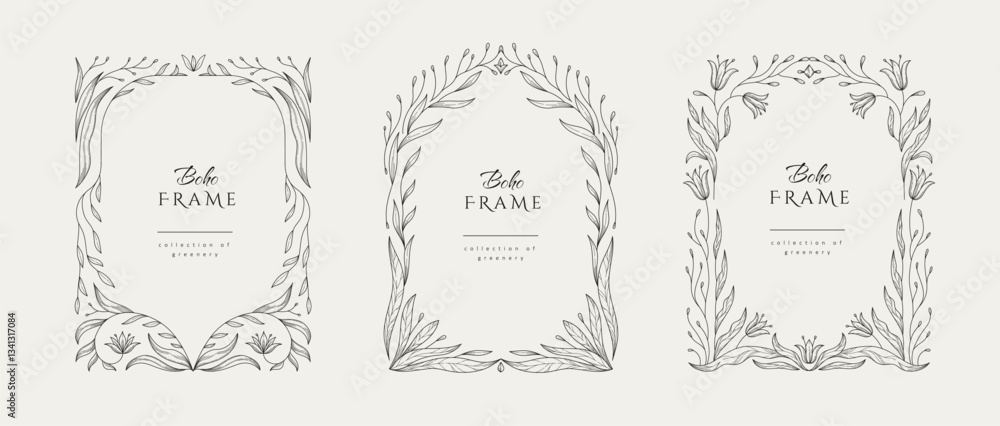 Retro floral frame or cover. Botanic design elements in wavy and naive style. Boho leaves branches and blooming print for poster, social media and packaging or greeting card. Vector illustration Retro floral frame or cover. Botanic design elements in wavy and naive style. Boho leaves branches and blooming print for poster, social media and packaging or greeting card. Vector illustration