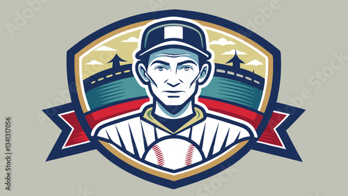 Vector illustration of a baseball player with a cap and shirt, featuring iconic elements of the sport against a stylized urban backdrop