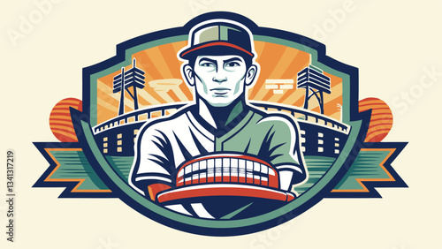 Vector illustration of a baseball player with a cap and shirt, featuring iconic elements of the sport against a stylized urban backdrop