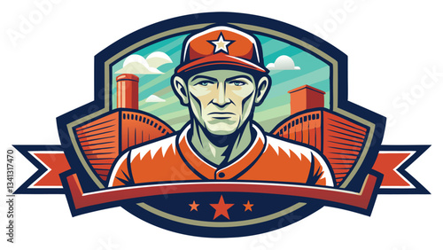 Vector illustration of a baseball player with a cap and shirt, featuring iconic elements of the sport against a stylized urban backdrop